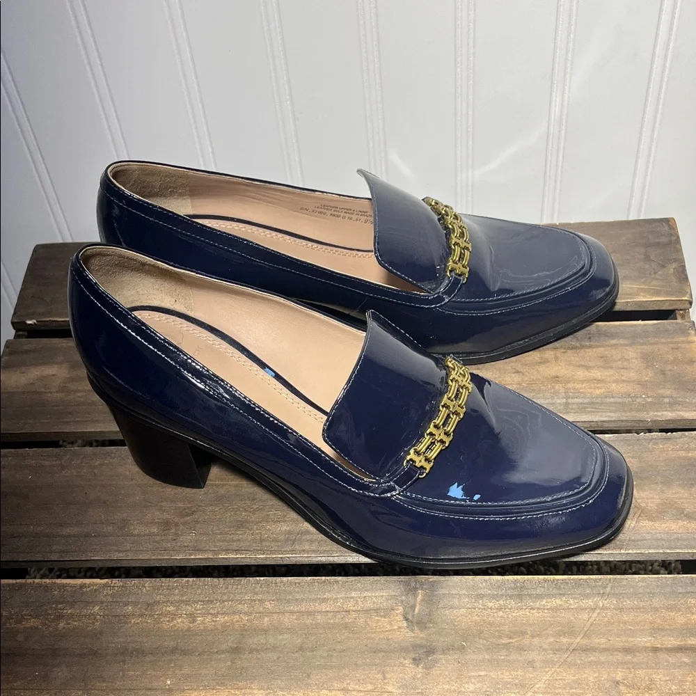 Tory Burch Navy Gemini Link Patent Mid Heel Loafers